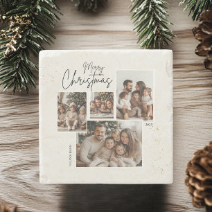 "Personalised Merry Christmas Four-Photo Collage  Stone Coaster