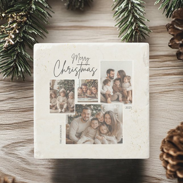 "Personalised Merry Christmas Four-Photo Collage  Stone Coaster (Creator Uploaded)