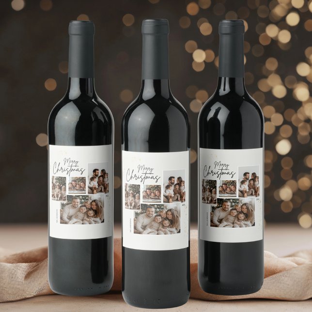 "Personalised Merry Christmas Four-Photo Collage  Wine Label (Creator Uploaded)