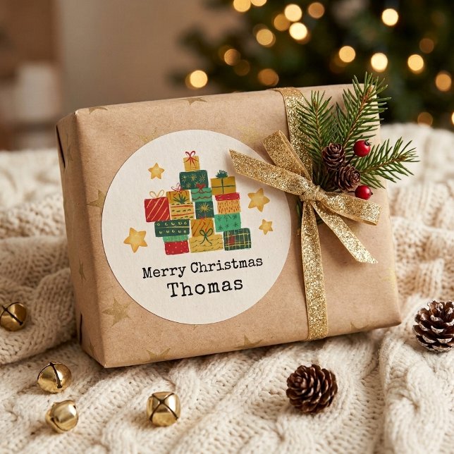 Personalised Merry Christmas Gift Stack Classic Round Sticker (Creator Uploaded)