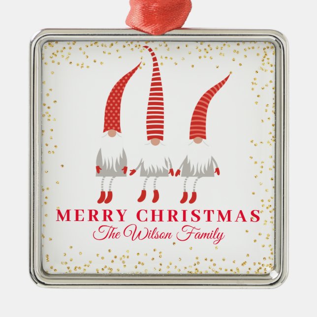Personalised Merry Christmas Gnomes Metal Tree Decoration (Front)
