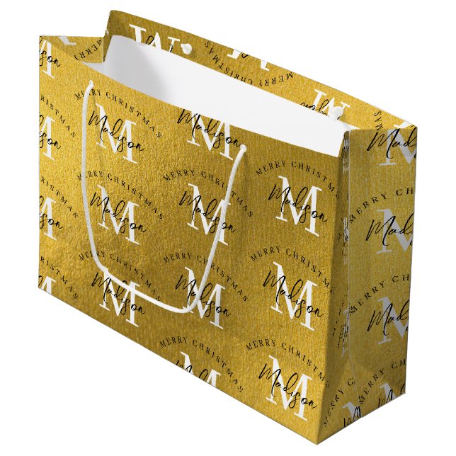 Personalised Merry Christmas Gold Foil Monogram  Large Gift Bag (Front Angled)