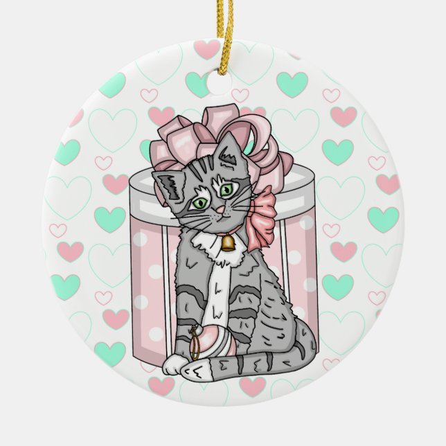 Personalised Merry Christmas Grey Kitten Pink Bow  Ceramic Tree Decoration (Front)