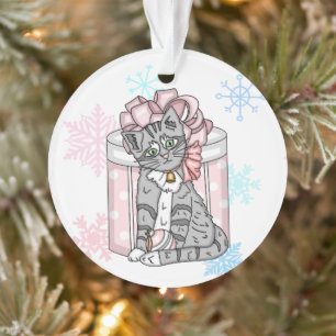 Personalised Merry Christmas Grey Kitten Pink Bow  Ornament