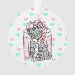 Personalised Merry Christmas Grey Kitten Pink Bow Ornament