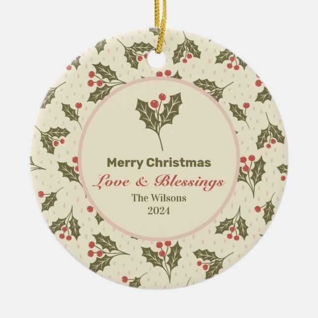 Personalised Merry Christmas - Holiday Holly Ceramic Tree Decoration (Front)
