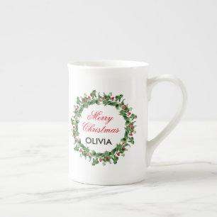 Personalised Merry Christmas Holly Wreath  Bone China Mug