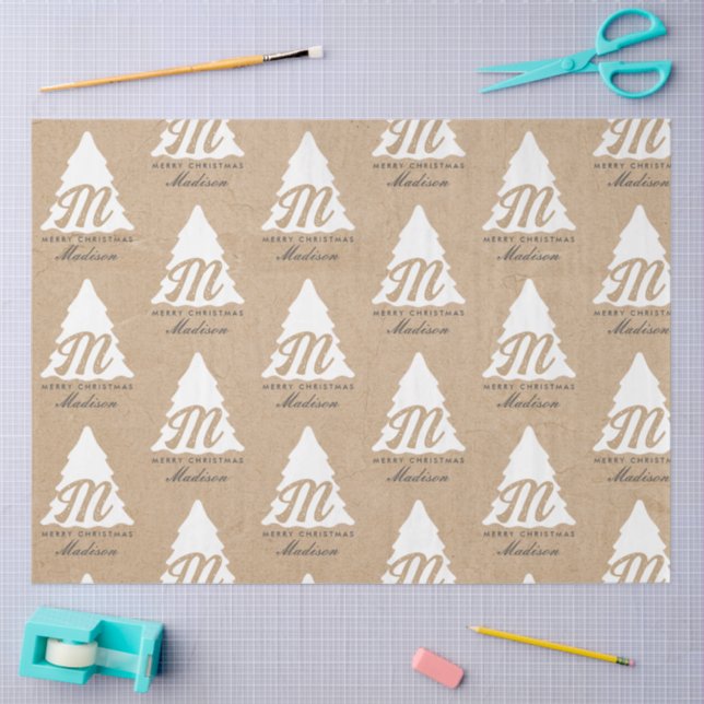 Personalised Merry Christmas Kraft Monogram Tree Tissue Paper (Craft)