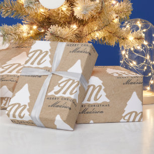 Personalised Merry Christmas Kraft Monogram Tree Wrapping Paper