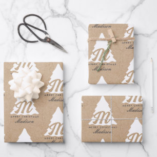 Personalised Merry Christmas Kraft Monogram Tree Wrapping Paper Sheet