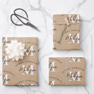 Personalised Merry Christmas Kraft Monogram Wrapping Paper Sheet