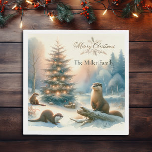 Personalised Merry Christmas Otter Family Winter  Napkin