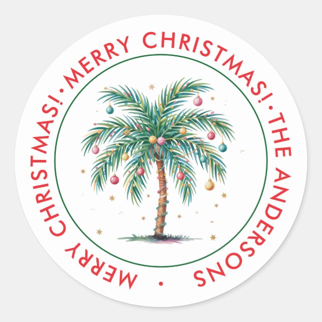Personalised Merry Christmas Palm Tree Light Classic Round Sticker (Front)