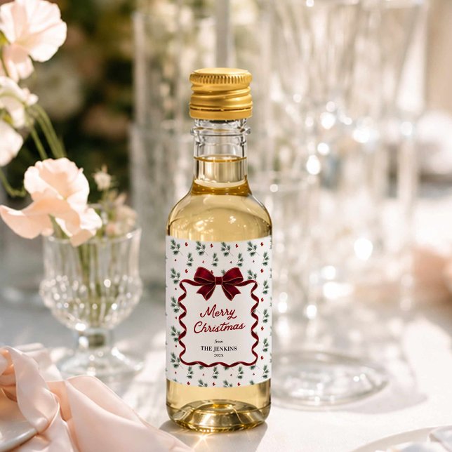 Personalised Merry Christmas Party Favour Wine Label (Merry Christmas Red Bow and winter greenery mini wine label party favors
)