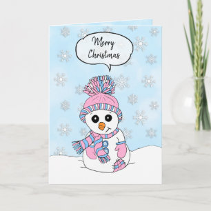 Personalised Merry Christmas Pink and Blue Snowman Card