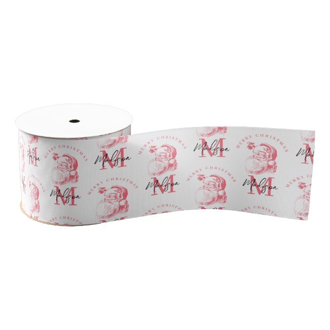 Personalised Merry Christmas Pink Santa Monogram Grosgrain Ribbon (Spool)