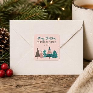 Personalised Merry Christmas Pink Trees Square Sticker