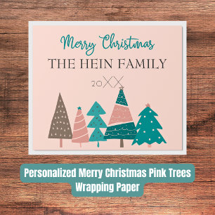 Personalised Merry Christmas Pink Trees Wrapping Paper