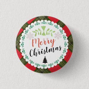 Personalised Merry Christmas Plaid Button