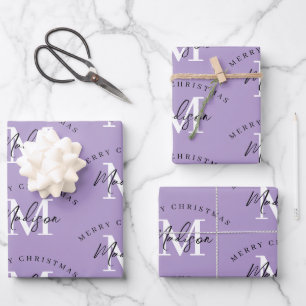 Personalised Merry Christmas Purple Monogram Wrapping Paper Sheet