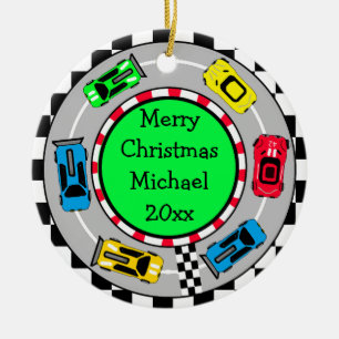 Personalised Merry Christmas Race Car Themed Ceramic Tree Decoration