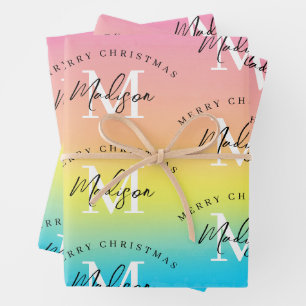 Personalised Merry Christmas Rainbow Monogram Wrapping Paper Sheet