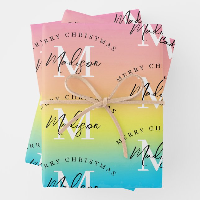 Personalised Merry Christmas Rainbow Monogram Wrapping Paper Sheet (In situ)