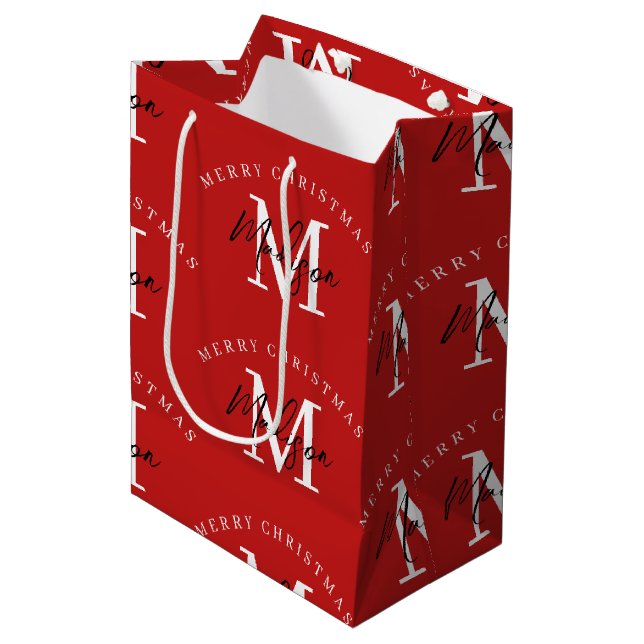 Personalised Merry Christmas Red Monogram  Medium Gift Bag (Front Angled)