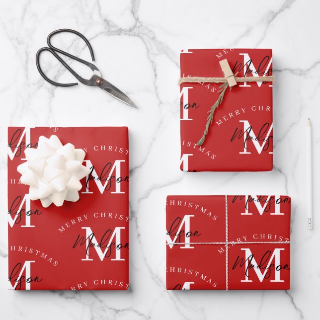 Personalised Merry Christmas Red Monogram Wrapping Paper Sheet (Front)
