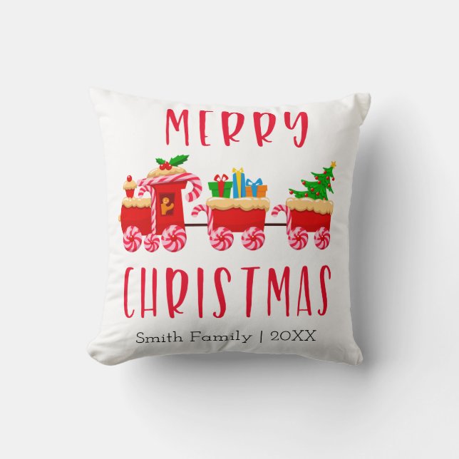 Personalised Merry Christmas Red Train Cushion (Front)