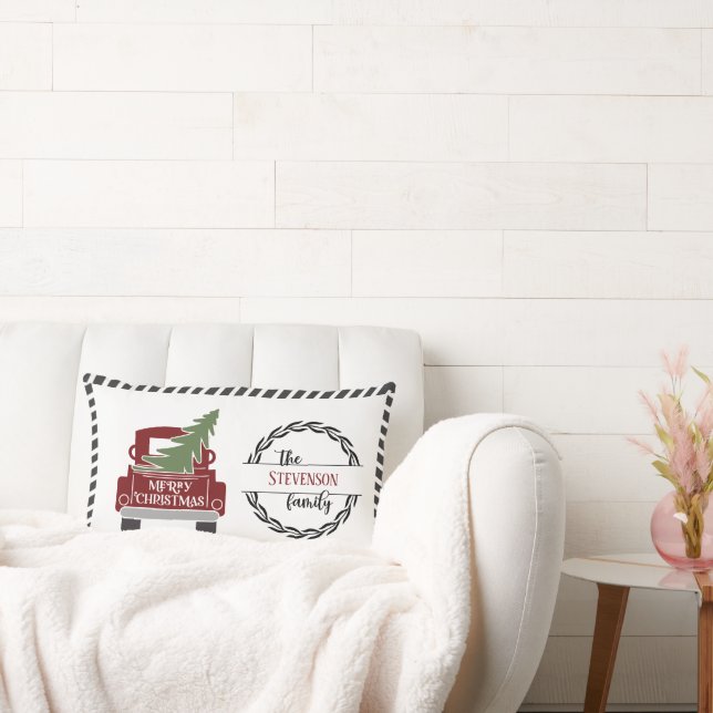 Personalised Merry Christmas Red Truck Holiday Lumbar Cushion (Couch)