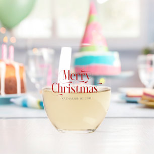 Personalised Merry Christmas Red Typography Stemless Wine Glass