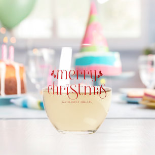 Personalised Merry Christmas Red Typography  Stemless Wine Glass