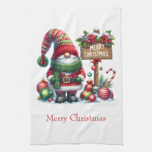 Personalised Merry Christmas  Santa Gnome  Tea Towel
