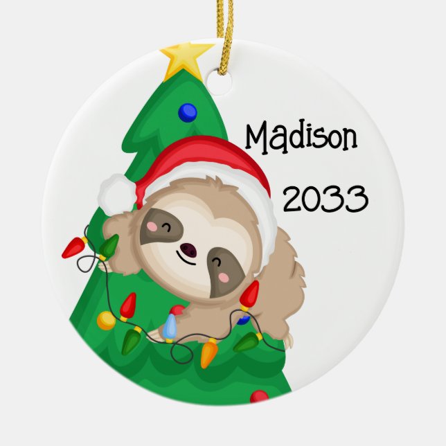 Personalised Merry Christmas Sloth Tree Ceramic Tree Decoration (Front)