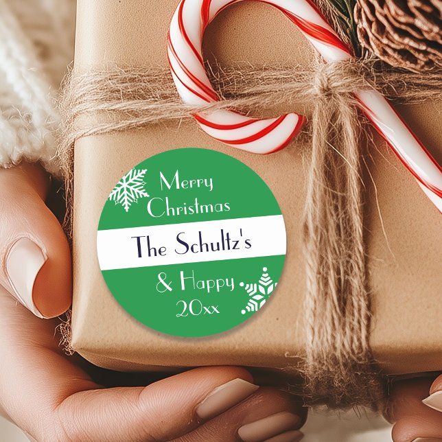 Personalised Merry Christmas Snowflake Classic Round Sticker (Creator Uploaded)