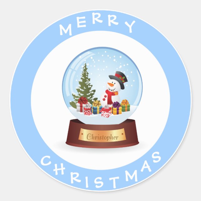 Personalised Merry Christmas Snowman Snowglobe Classic Round Sticker (Front)