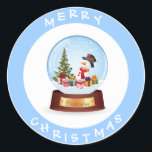 Personalised Merry Christmas Snowman Snowglobe Classic Round Sticker<br><div class="desc">Customisable personalised beautiful blue & white Merry Christmas stickers / envelope seals with a cute snowglobe with snowman and gifts - www.webdesignhot.com - Customise the name to suit your needs.  Fun festive stickers by Groovy Graphics.</div>