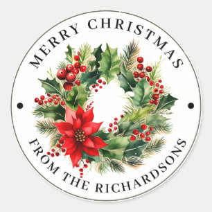 Personalised, Merry Christmas Traditional Wreath Classic Round Sticker