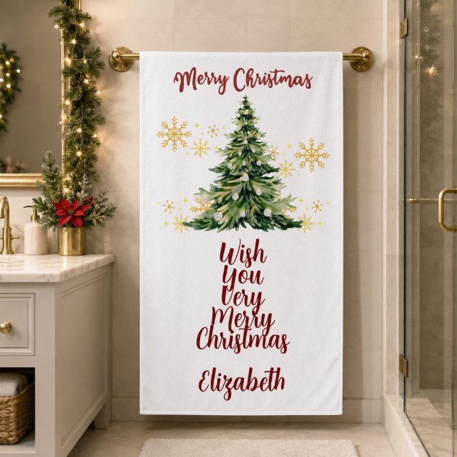 Personalised Merry Christmas Watercolor Tree Bath Towel (Creator Uploaded)