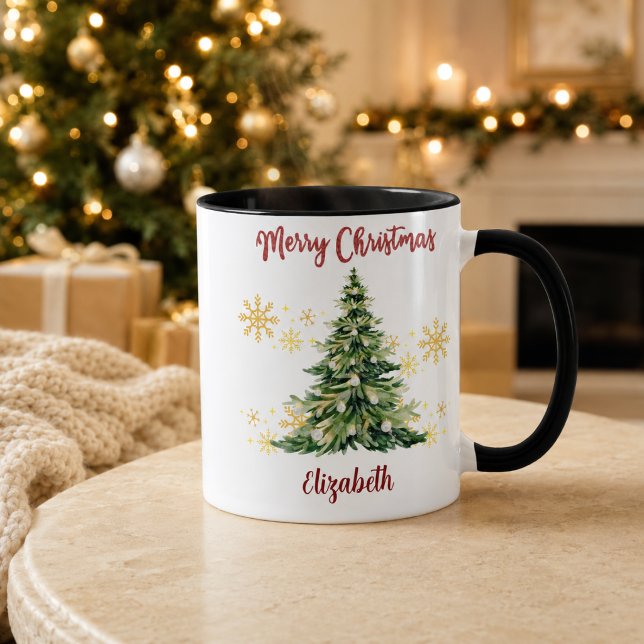 Personalised Merry Christmas Watercolor Tree Name Mug (Creator Uploaded)
