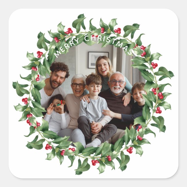 Personalised Merry Christmas Wreath Photo Square Sticker (Front)
