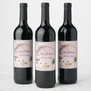 Personalised Merry Christmas Wreath Rose Gold  Wine Label