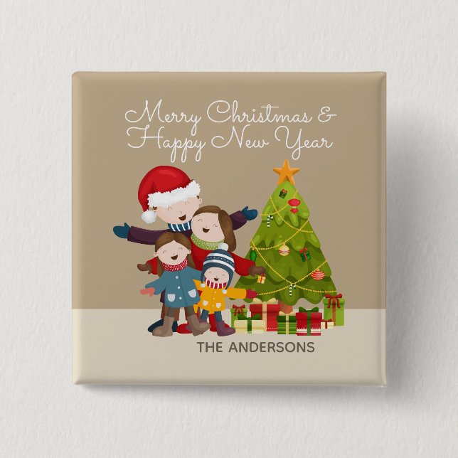 Personalised Merry Family Christmas Pin Button (Front)
