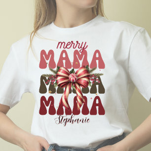 Personalised merry mama retro  Christmas bow  T-Shirt
