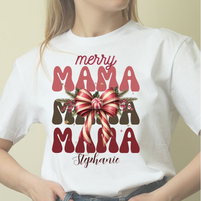 Personalised merry mama retro  Christmas bow  T-Shirt (Creator Uploaded)