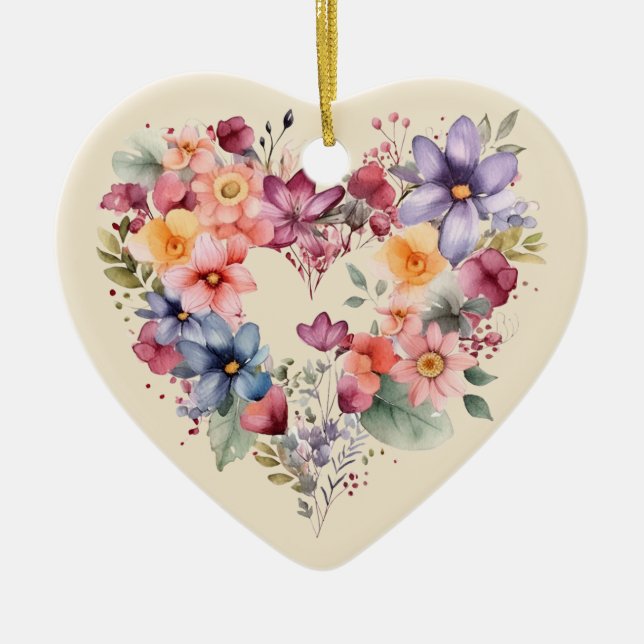 Personalised Message Colourful Floral Heart Gift  Ceramic Tree Decoration (Front)