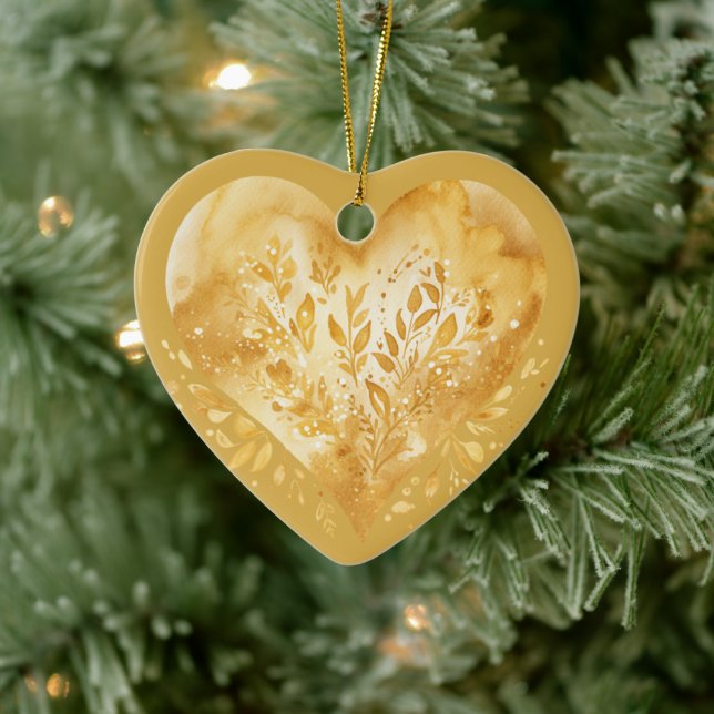 Personalised Message Colourful "Gold" Floral Heart Ceramic Tree Decoration (Tree)