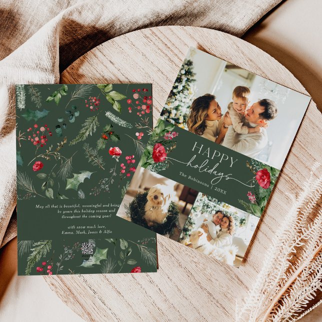 Personalised Message Forest Green Foliage 3 Photo Holiday Card (Creator Uploaded)