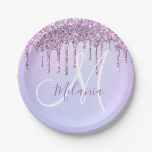 Personalised Metallic Purple Drip Lavender Pour   Paper Plate